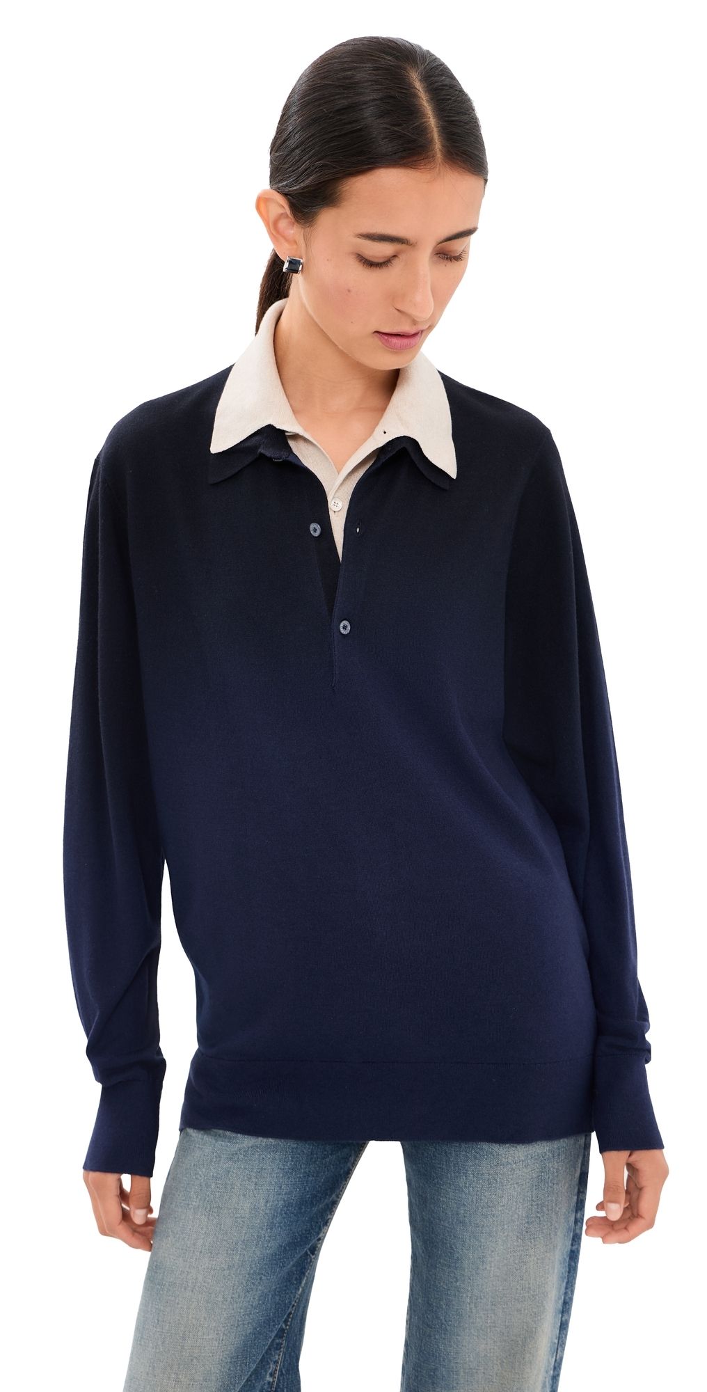 Acne Studios Layered Knit Polo Sweater Navy/Beige XL