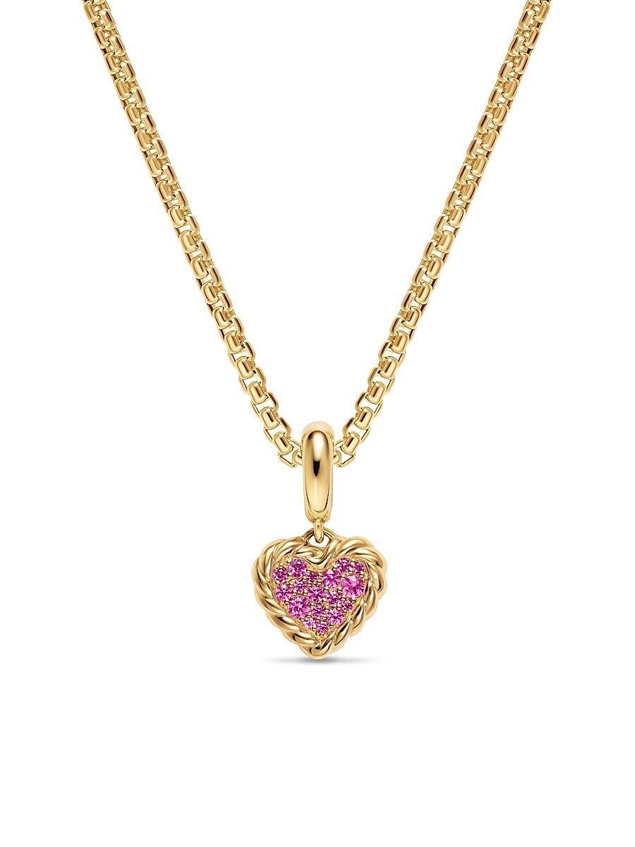 Women's Petite DY Elements Heart Plate Pendant in 18K Yellow Gold with Pink Sapphires, 8.2MM - Pink Sapphire