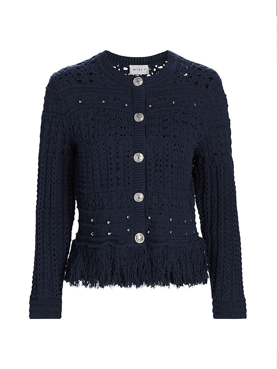 Women's Beaded Fringe Cardigan Jacket - Navy - Size Large