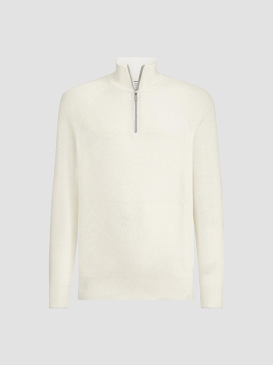 Brunello Cucinelli Men's Cotton English Rib Sweater with Half Zip - Panama - Size 46