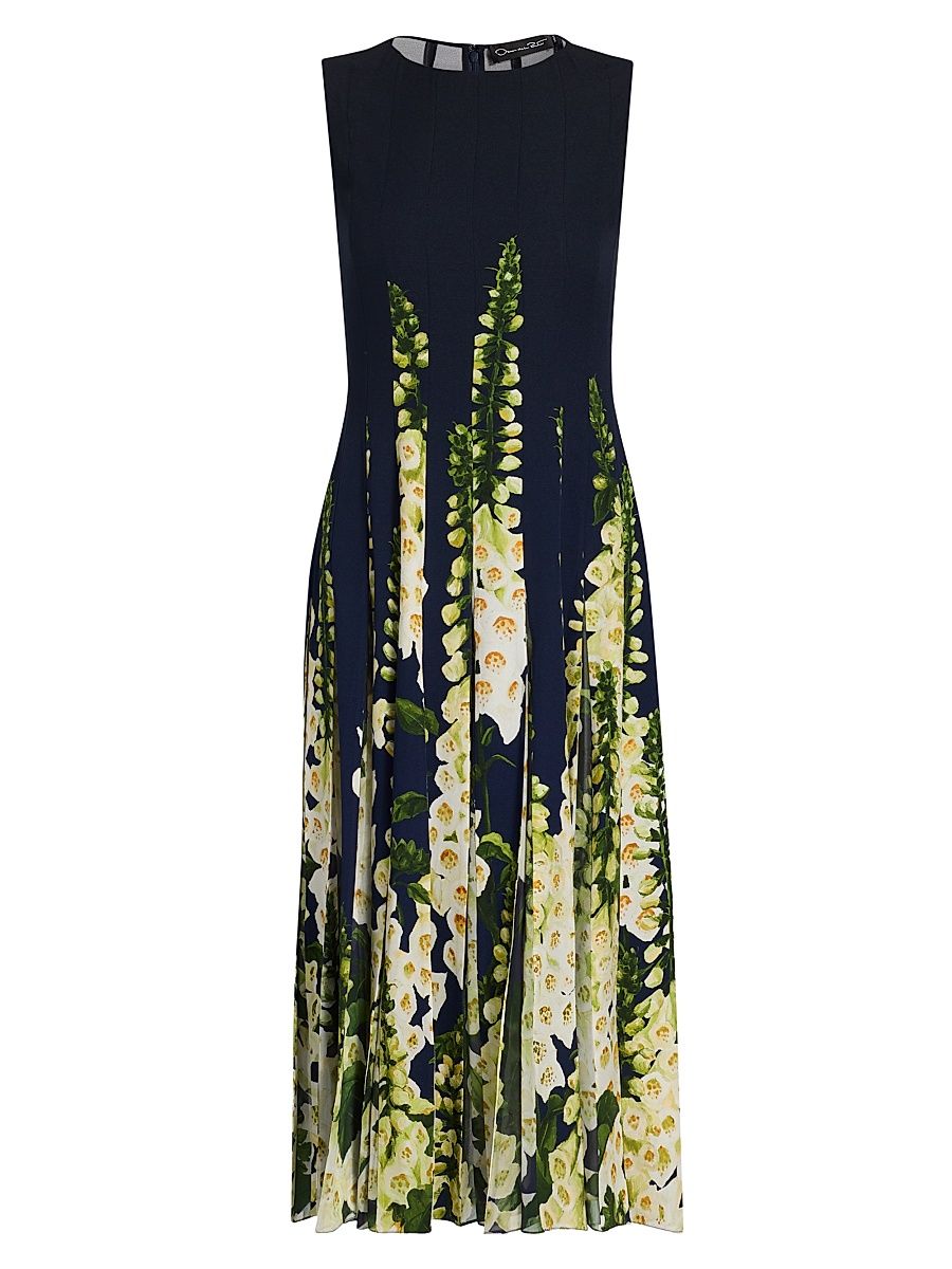 Women's Foxglove-Print Pleated Midi-Dress - Navy - Size 10
