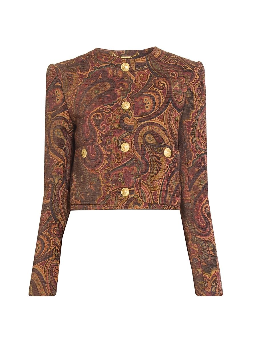 Women's Paisley Print Collarless Jacket - Multicolor Red - Size 8