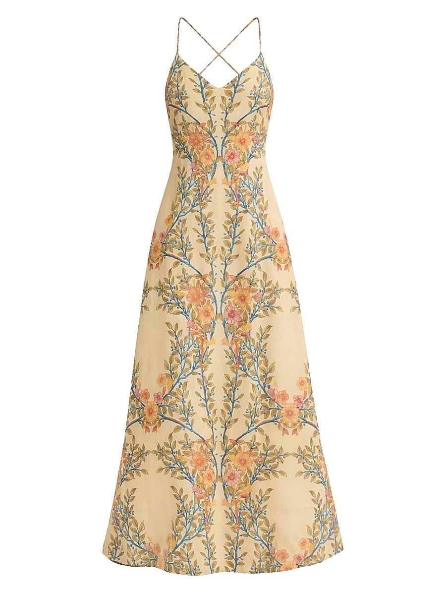 Women's Cleo Printed Linen-Blend A-Line Maxi Dress - Butter Cream Multi - Size 0