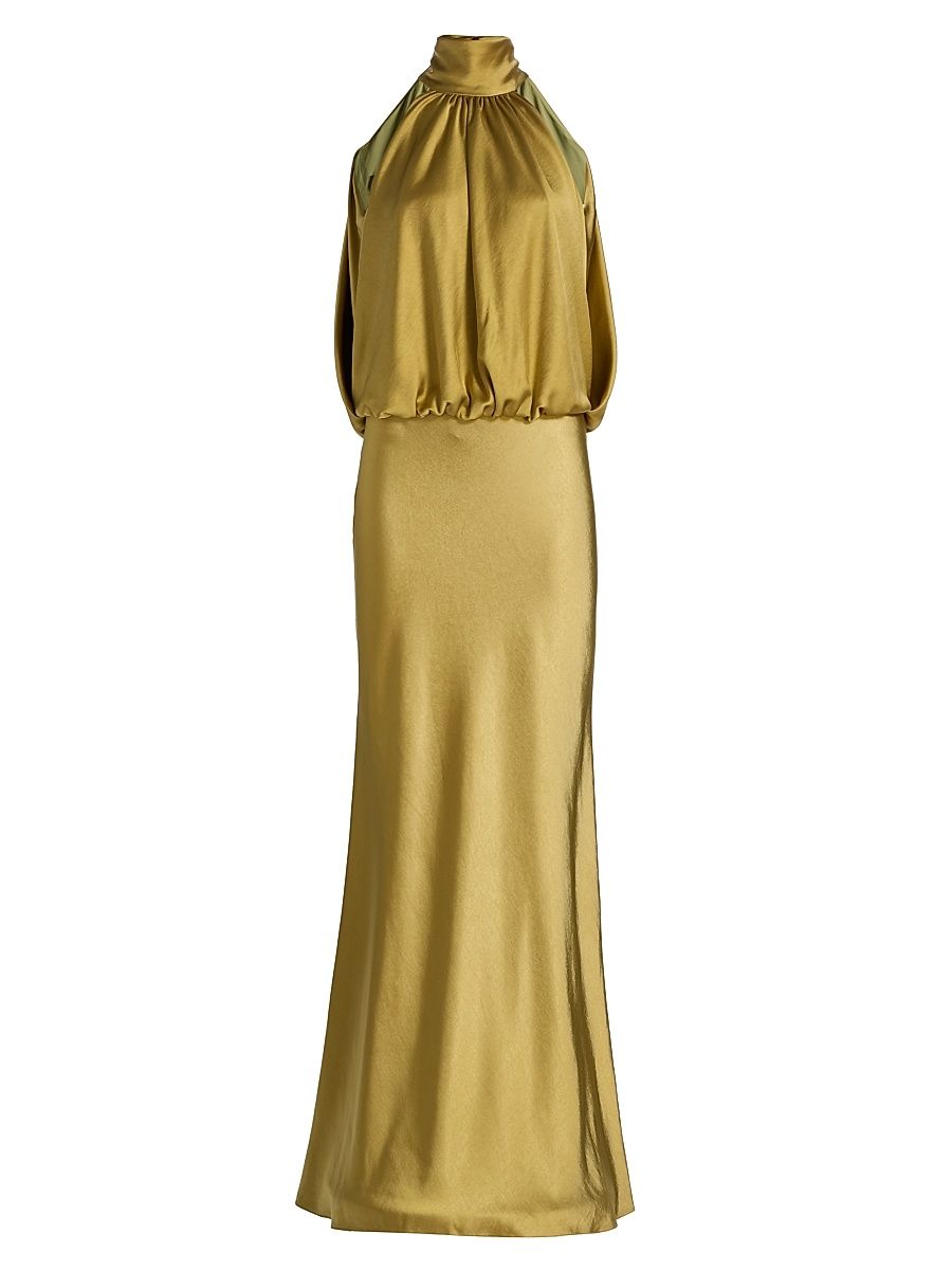 Women's Draped Satin Halterneck Gown - Moss - Size 16