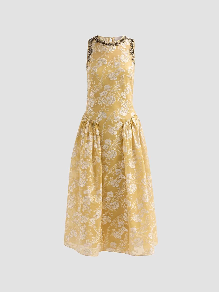 Women's Florence Floral Jacqaurd Midi-Dress - Ochre Muse White - Size 12