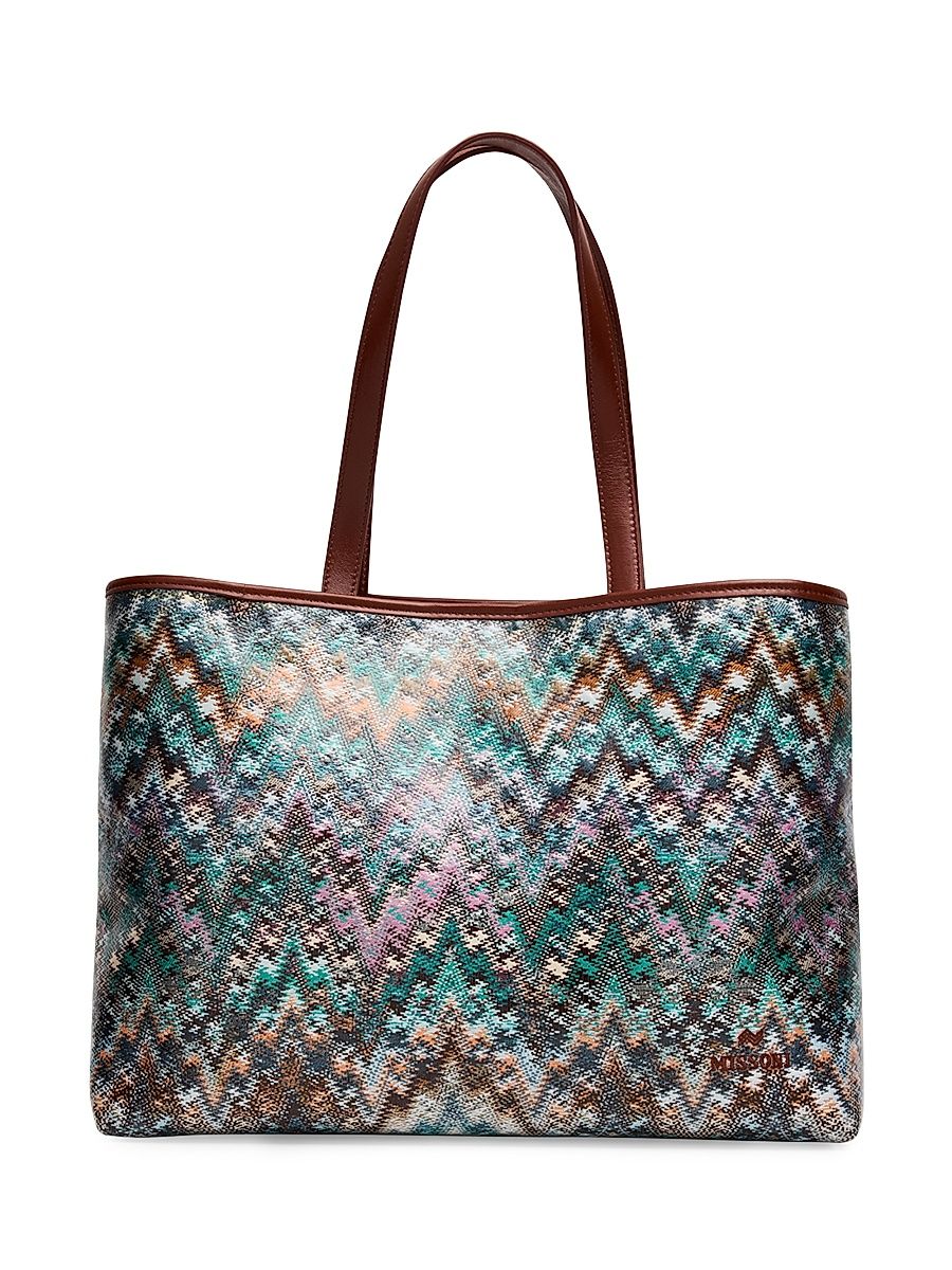 Women's Large Zigzag Canvas Tote Bag - Turquoise