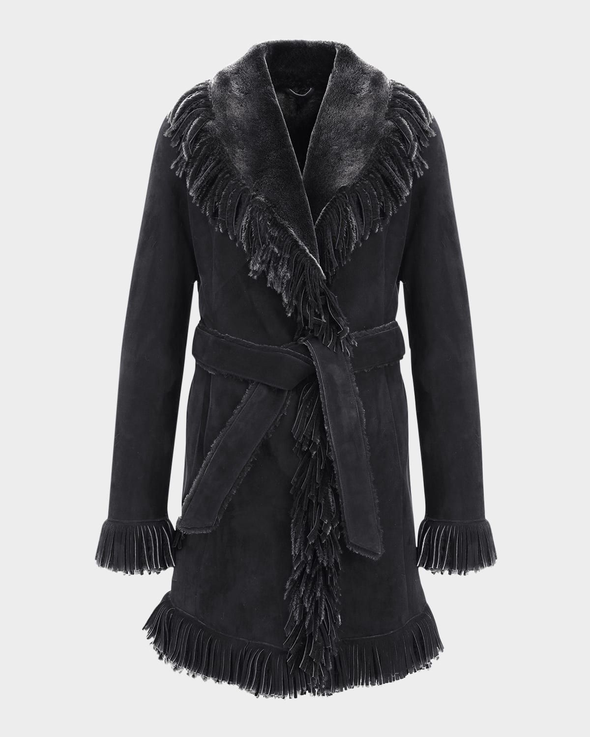 Merino Shearling Lamb Belted Stroller With Fringes