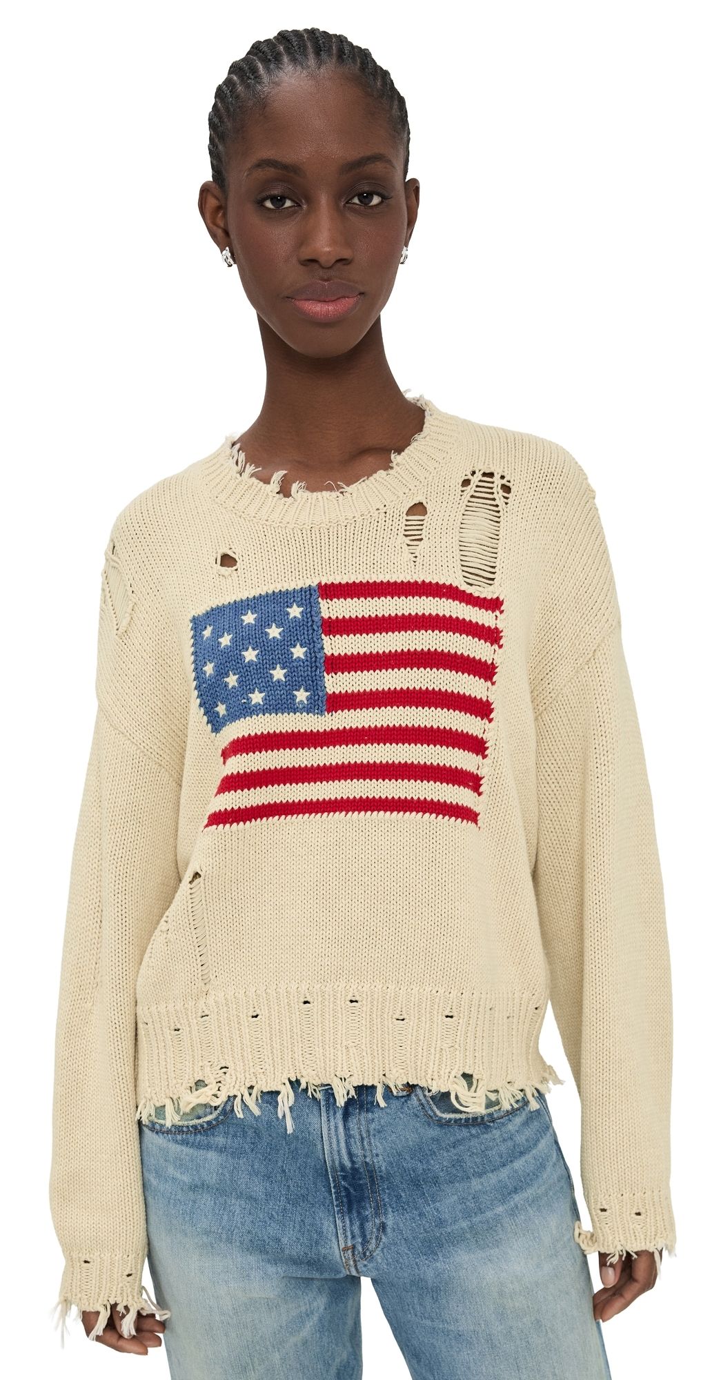 Denimist Oversized Cropped American Flag Sweater Oatmeal S
