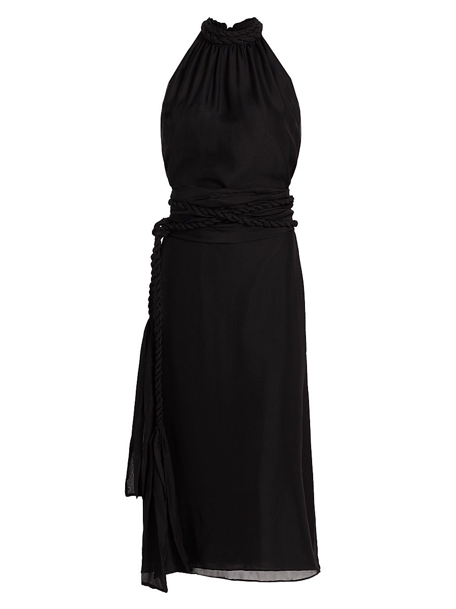 Women's Dany Silk Chiffon Drape Midi-Dress - Black - Size Large