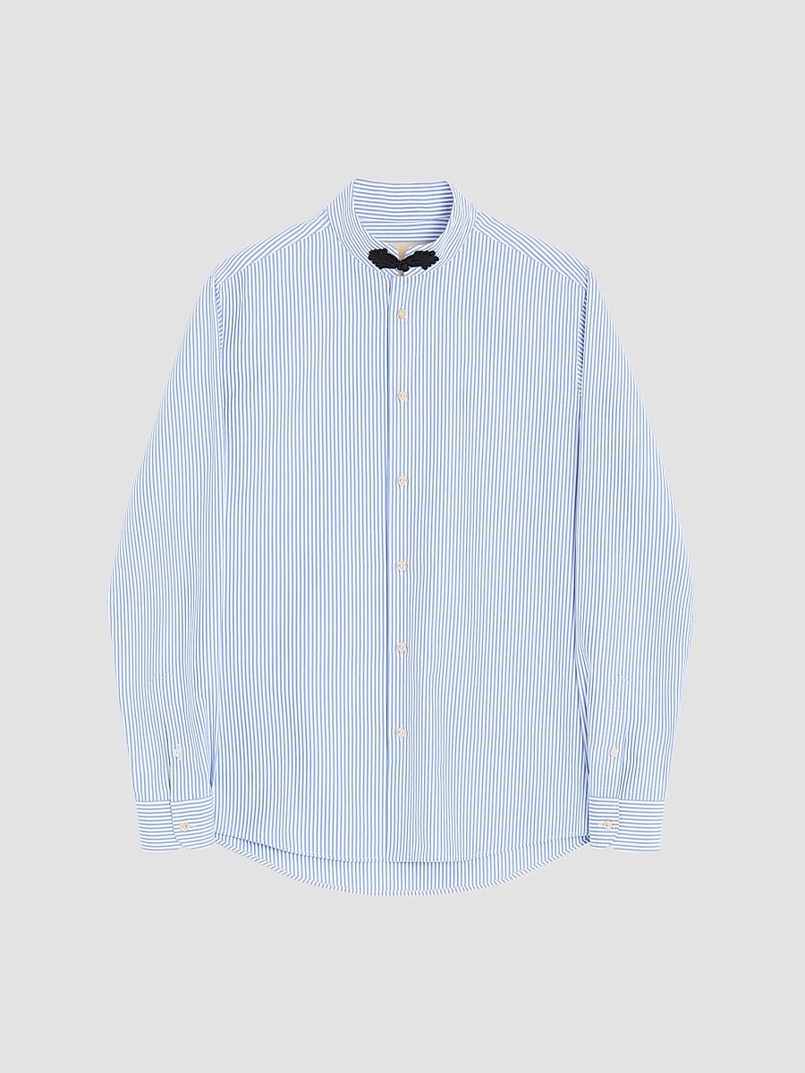 Men's Long-Sleeved Striped Cotton Shirt with Toggle - Azure - Size 19