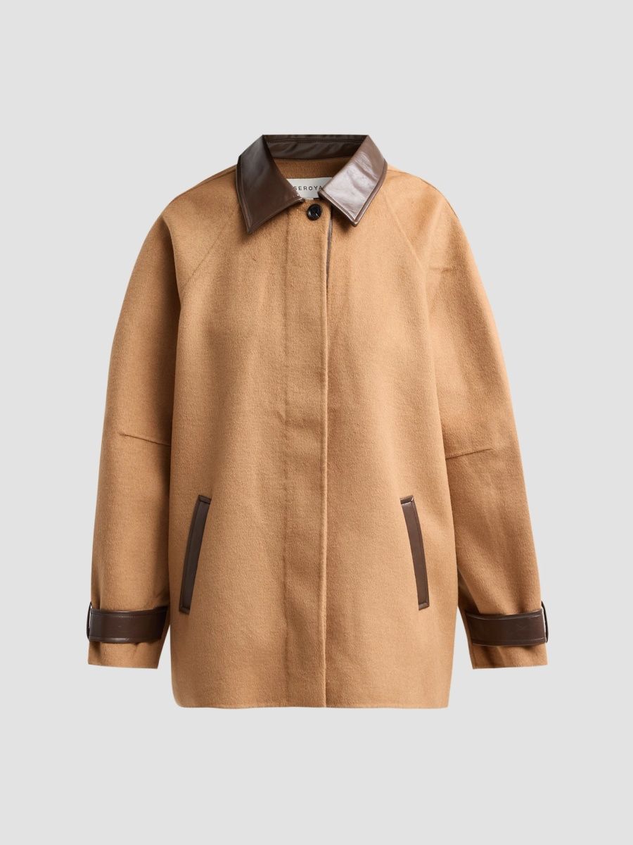 SEROYA Women's Yanna Faux Leather-Trimmed Wool-Blend Coat - Heritage Tan - Size XL