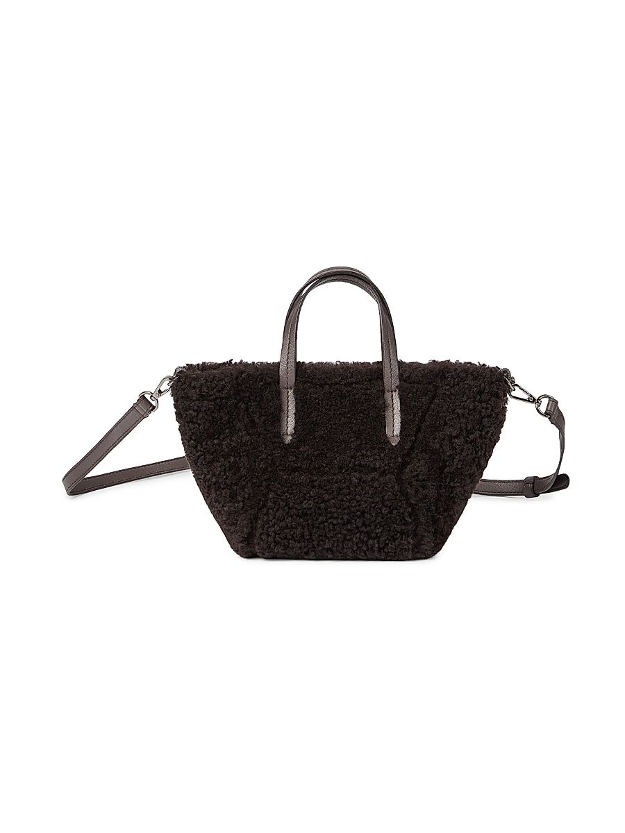 Women's Duo Mini Top Handle Bag in Curly Shearling - Rust Brown