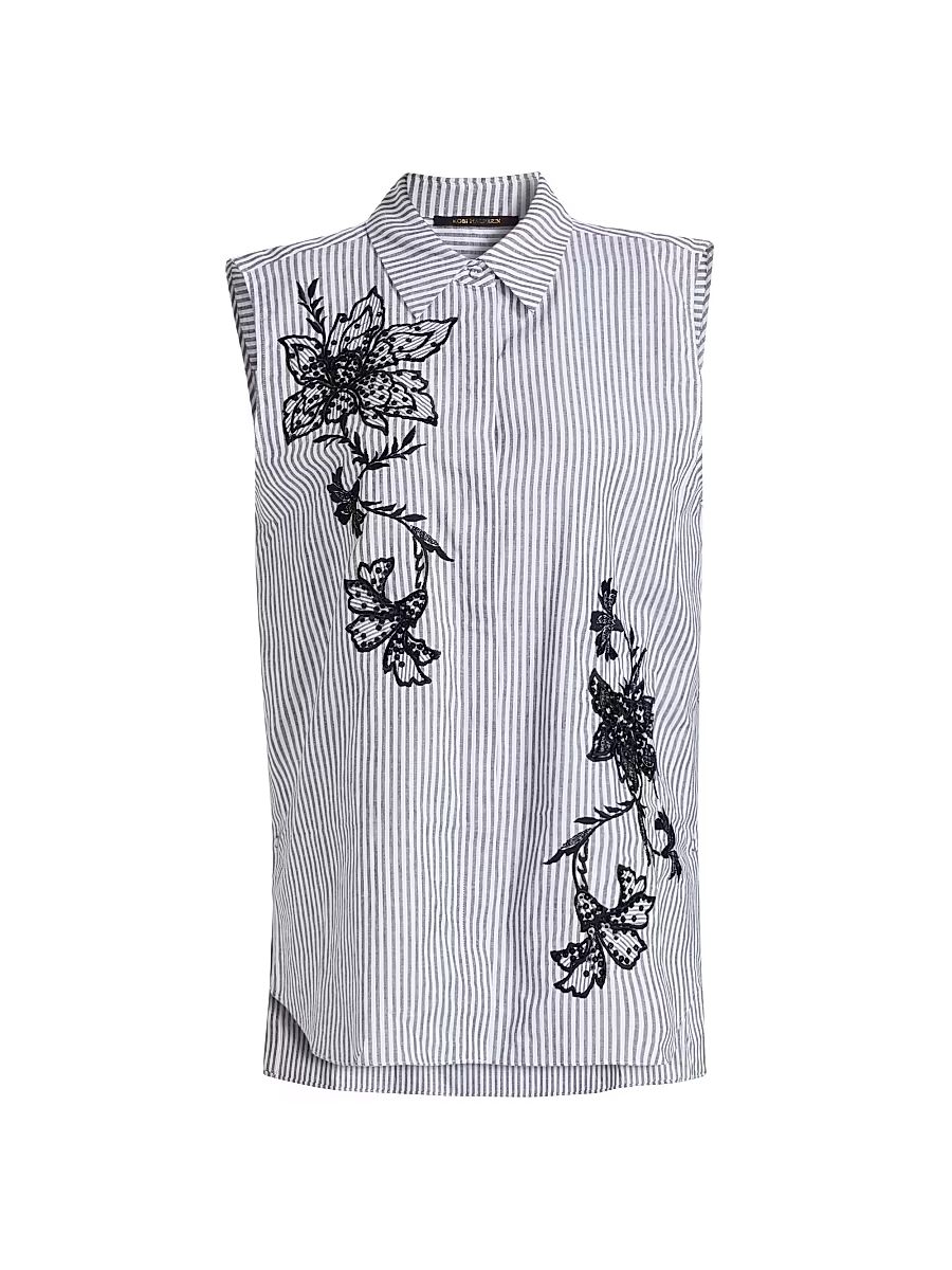 Women's Aerin Striped Cotton-Linen Sleeveless Blouse - Black White - Size Large