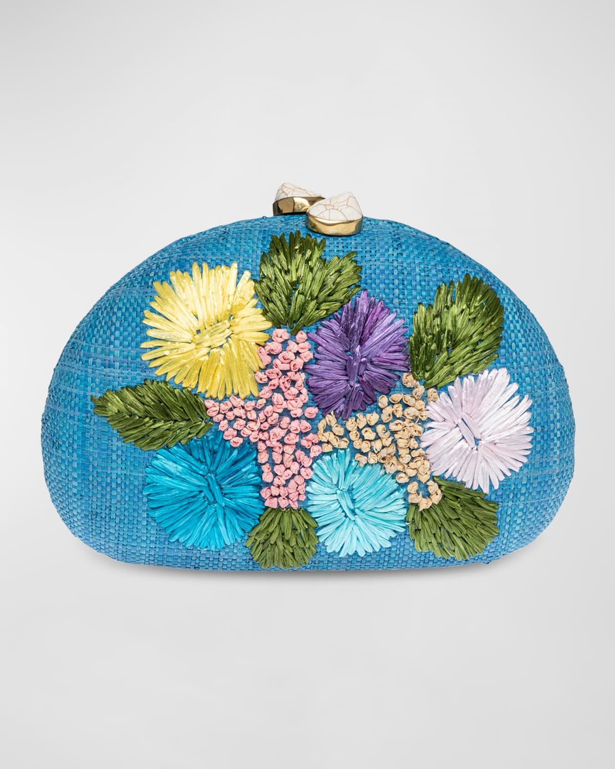 Berna Floral-Embroidered Straw Clutch Bag