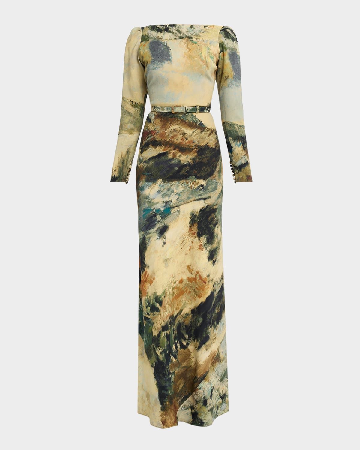 Modernist Landscape Belted Long-Sleeve Maxi Dress