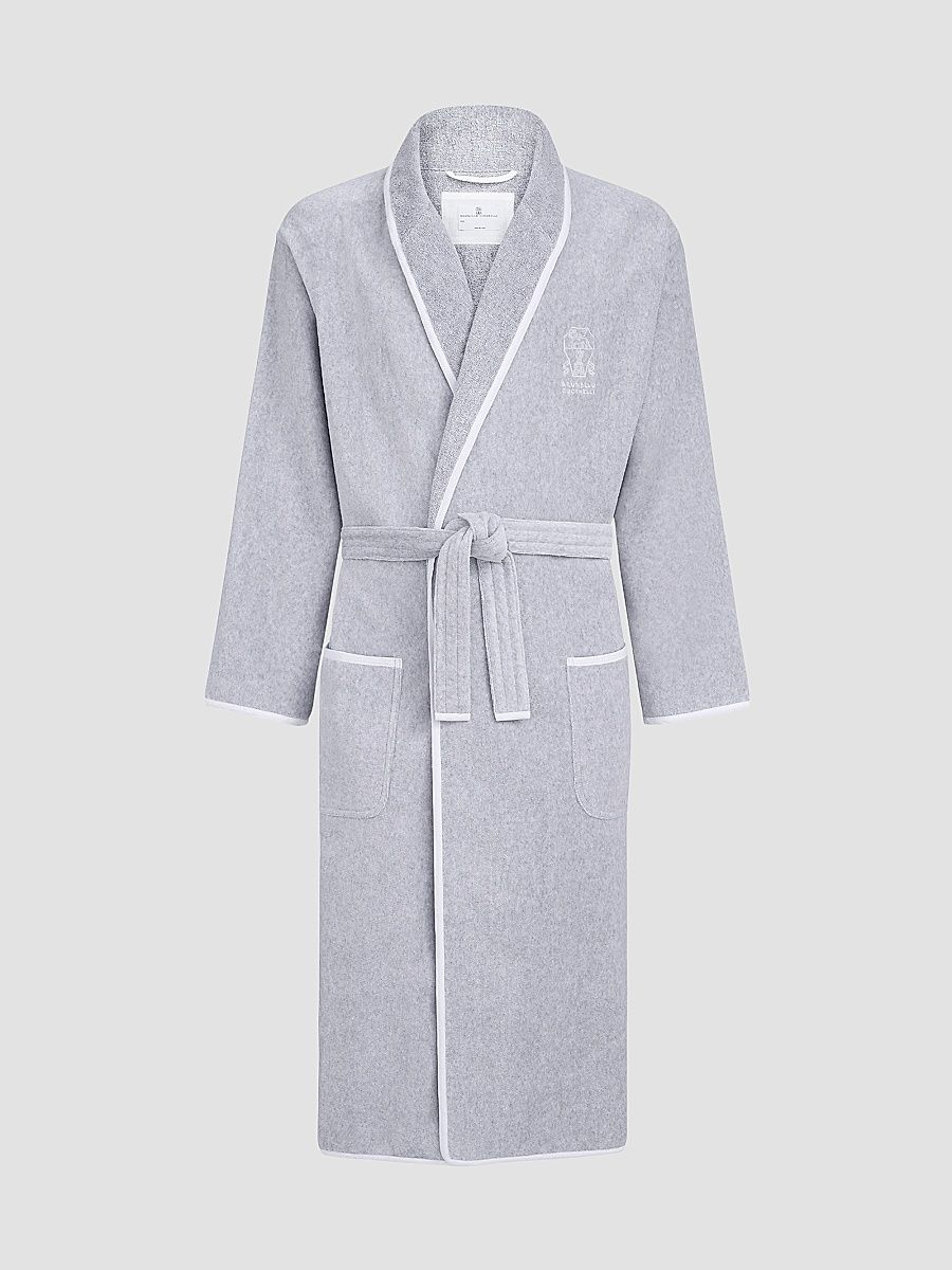 Women's Cotton Terrycloth Bathrobe with Linen Trims - Medium Grey - Size Small