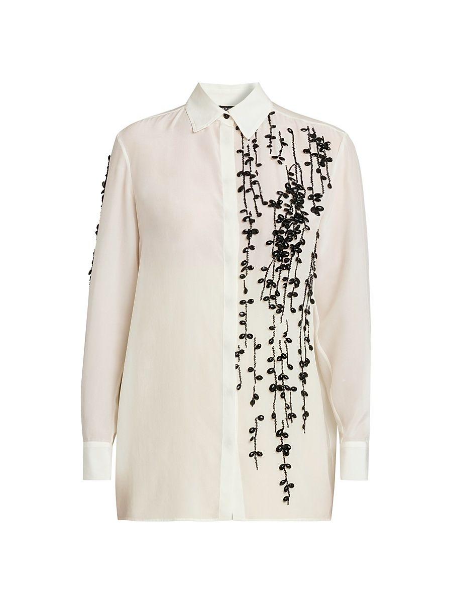 Women's Embellished Silk Blouse - White - Size 8