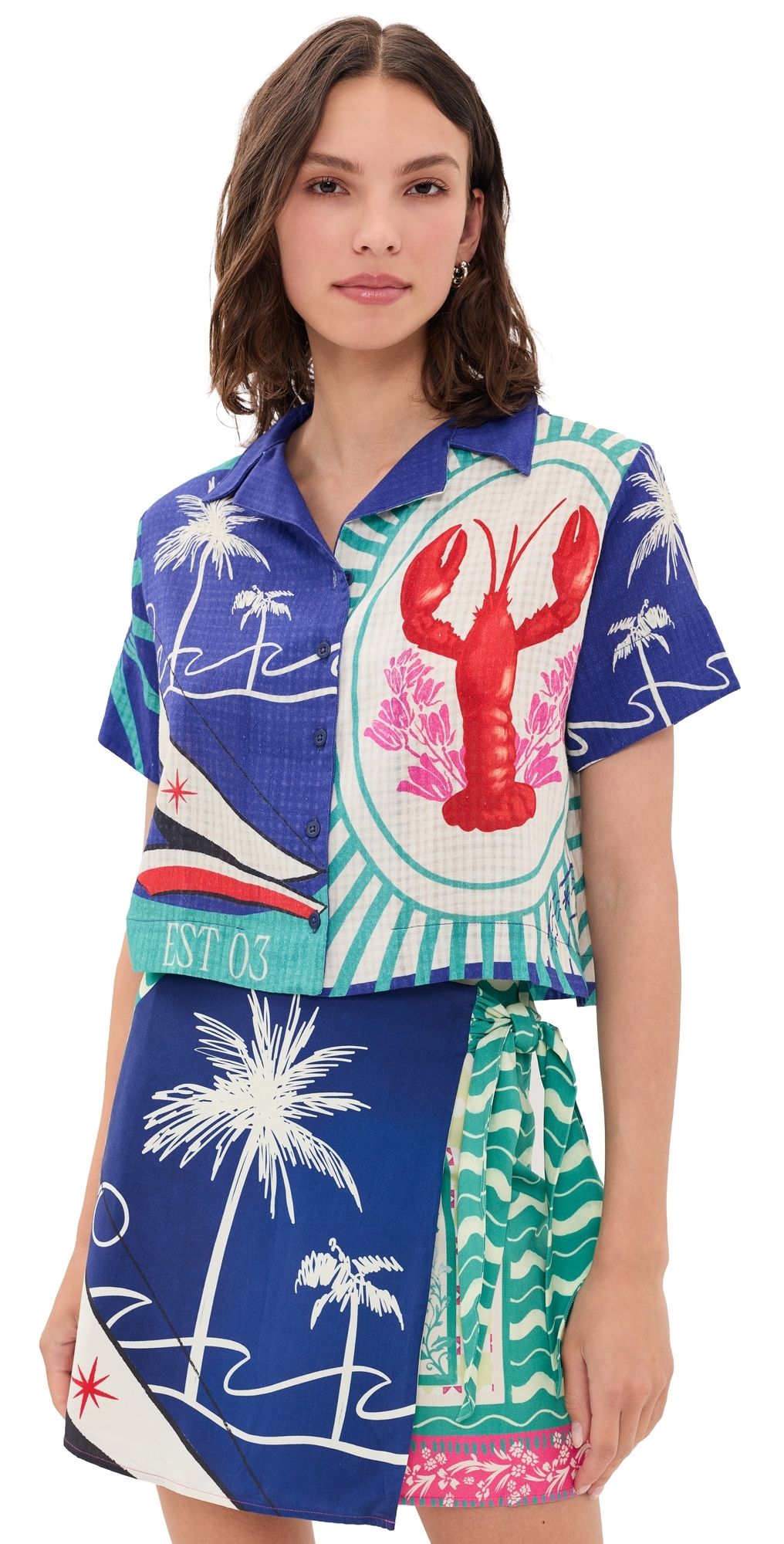 Agua Bendita Prim Cropped Button Down Shirt Multicolor S