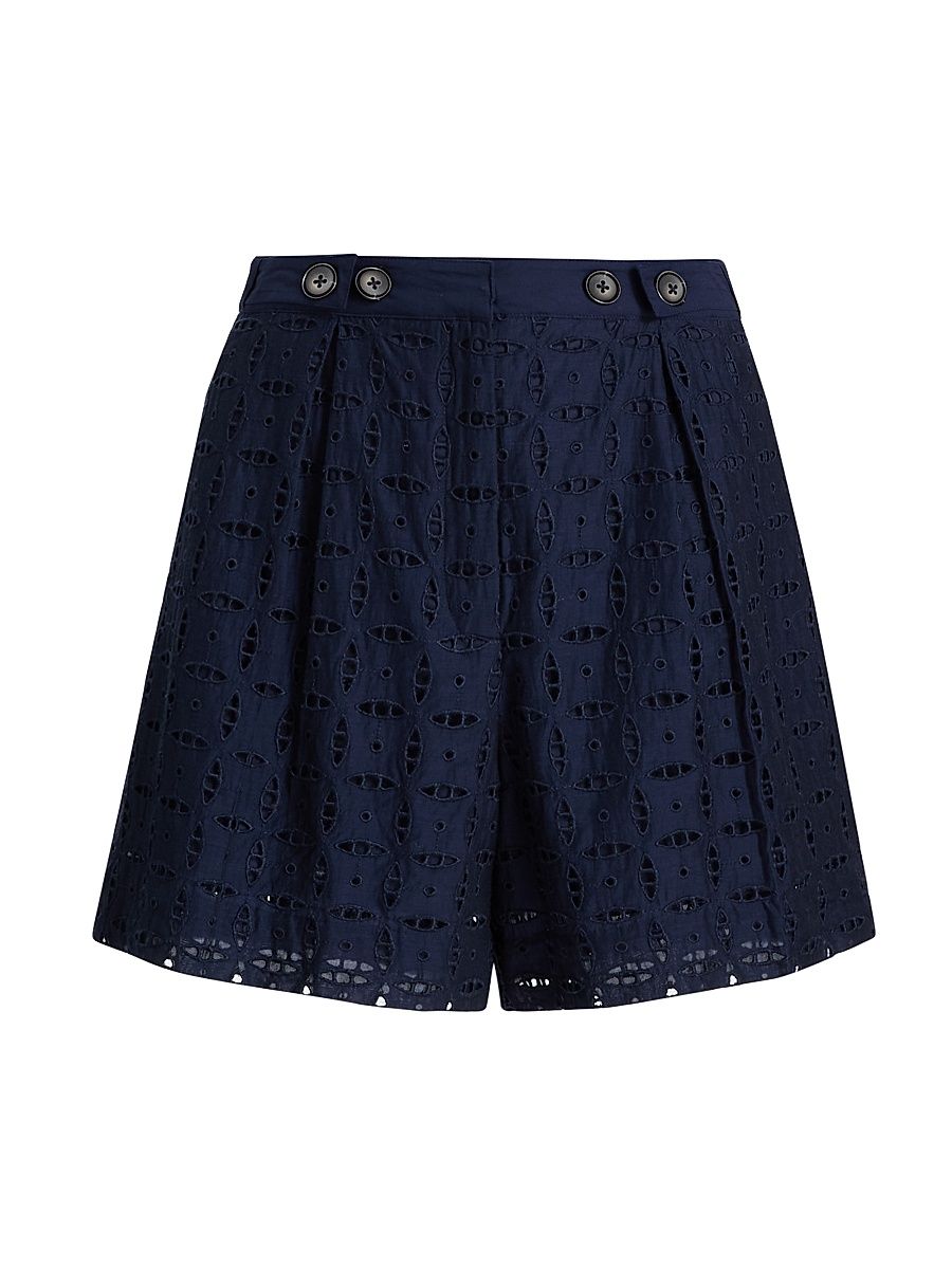 Women's Boswell Pleated Embroidered Eyelet Shorts - Navy - Size 6