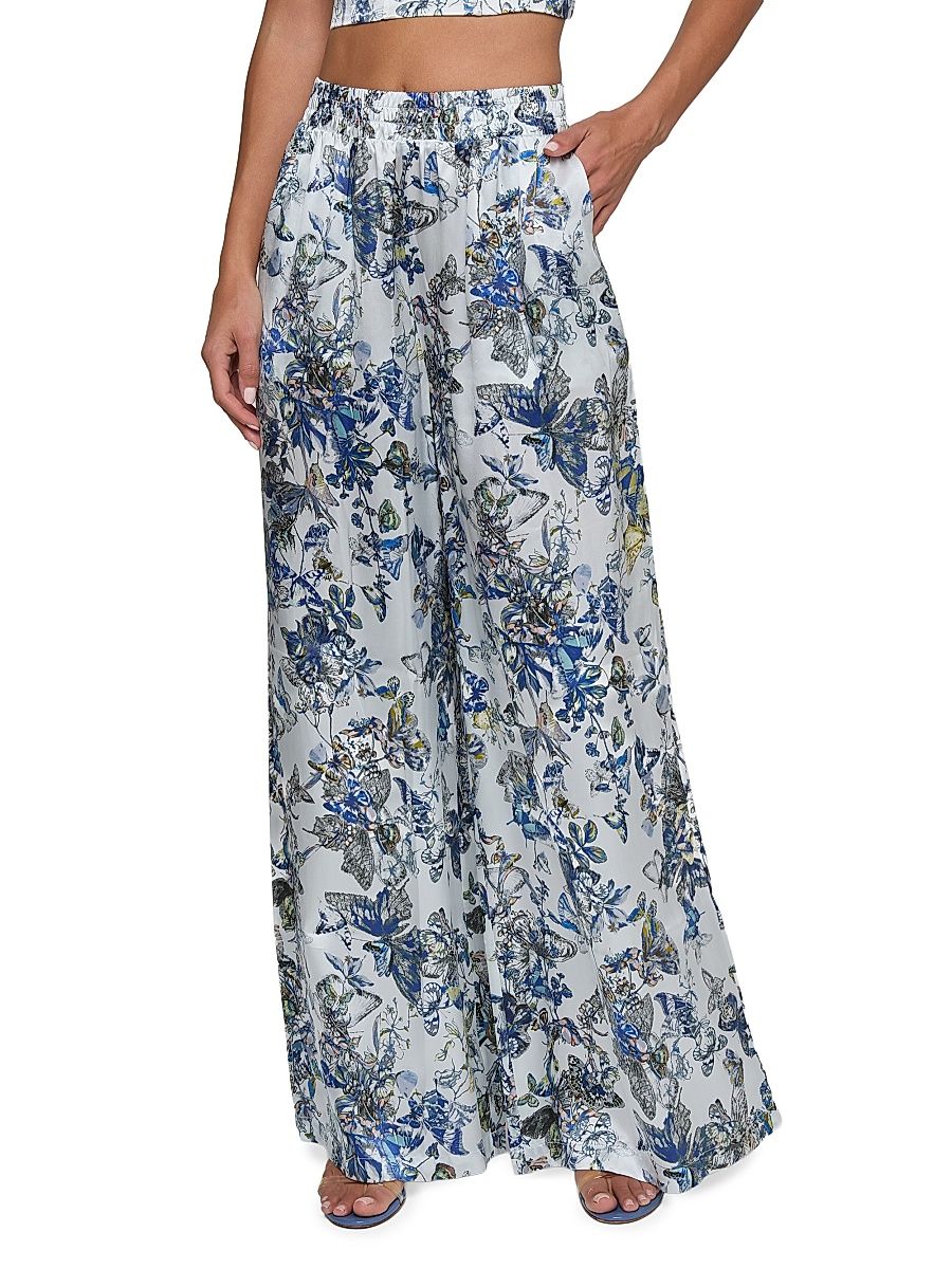 Women's Lillian Printed Wide-Leg Silk Pants - Grey Watercolor Butterfly - Size Large