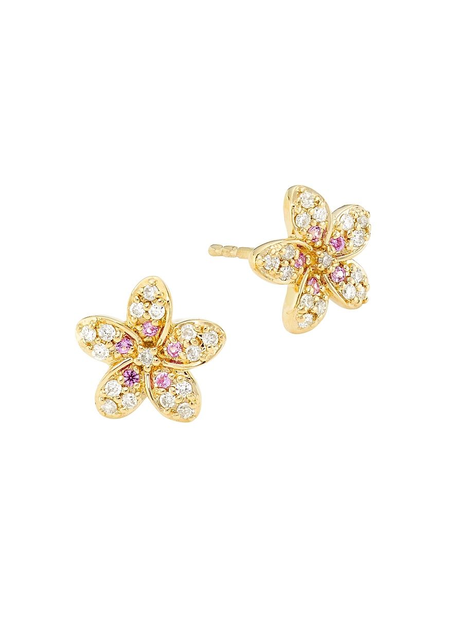 Women's 14K Yellow Gold, Pink Sapphire & 0.13 TCW Diamond Plumeria Stud Earrings - Gold