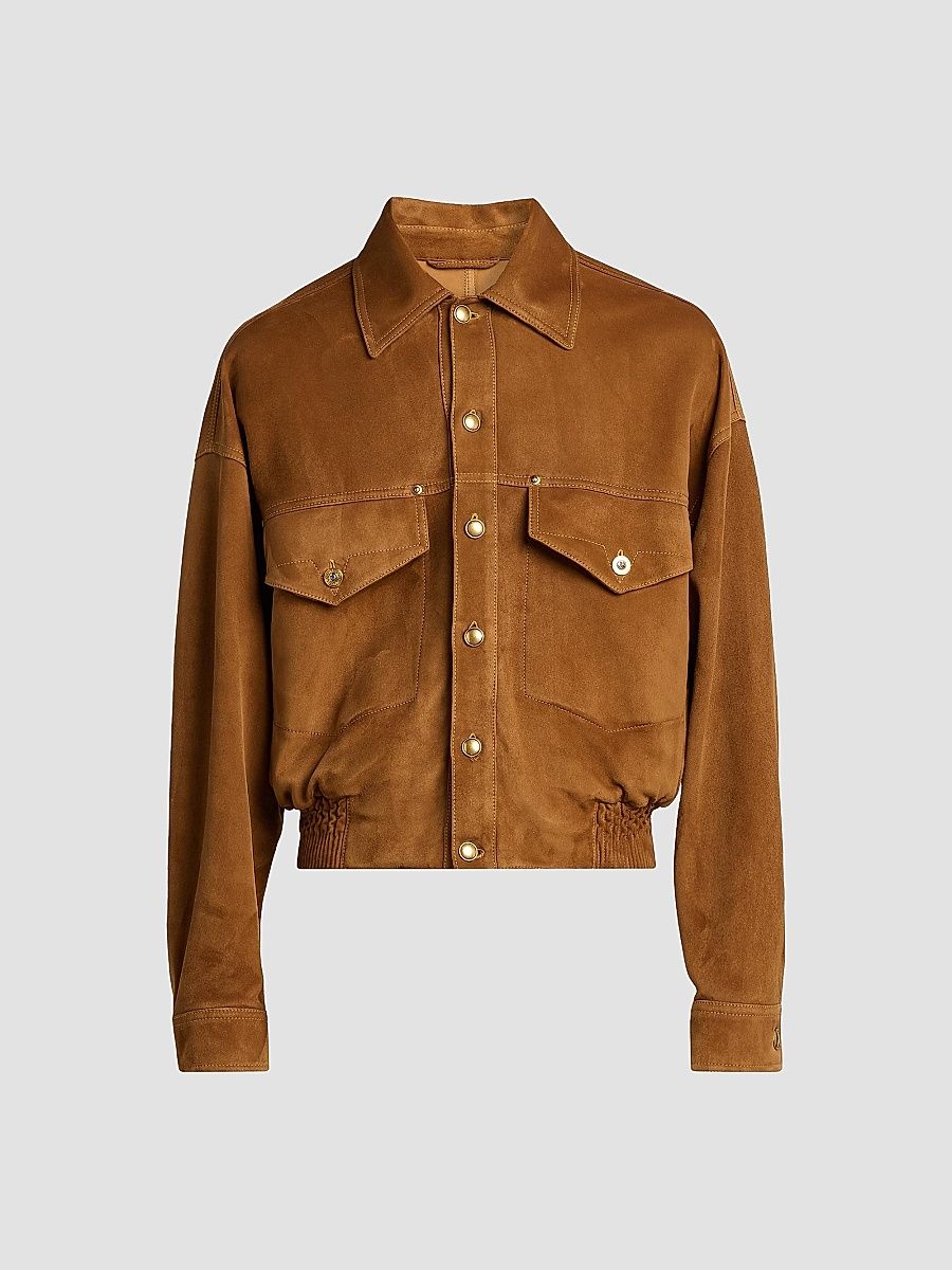 Men's Suede Drop-Shoulder Blouson Jacket - Brown - Size 54