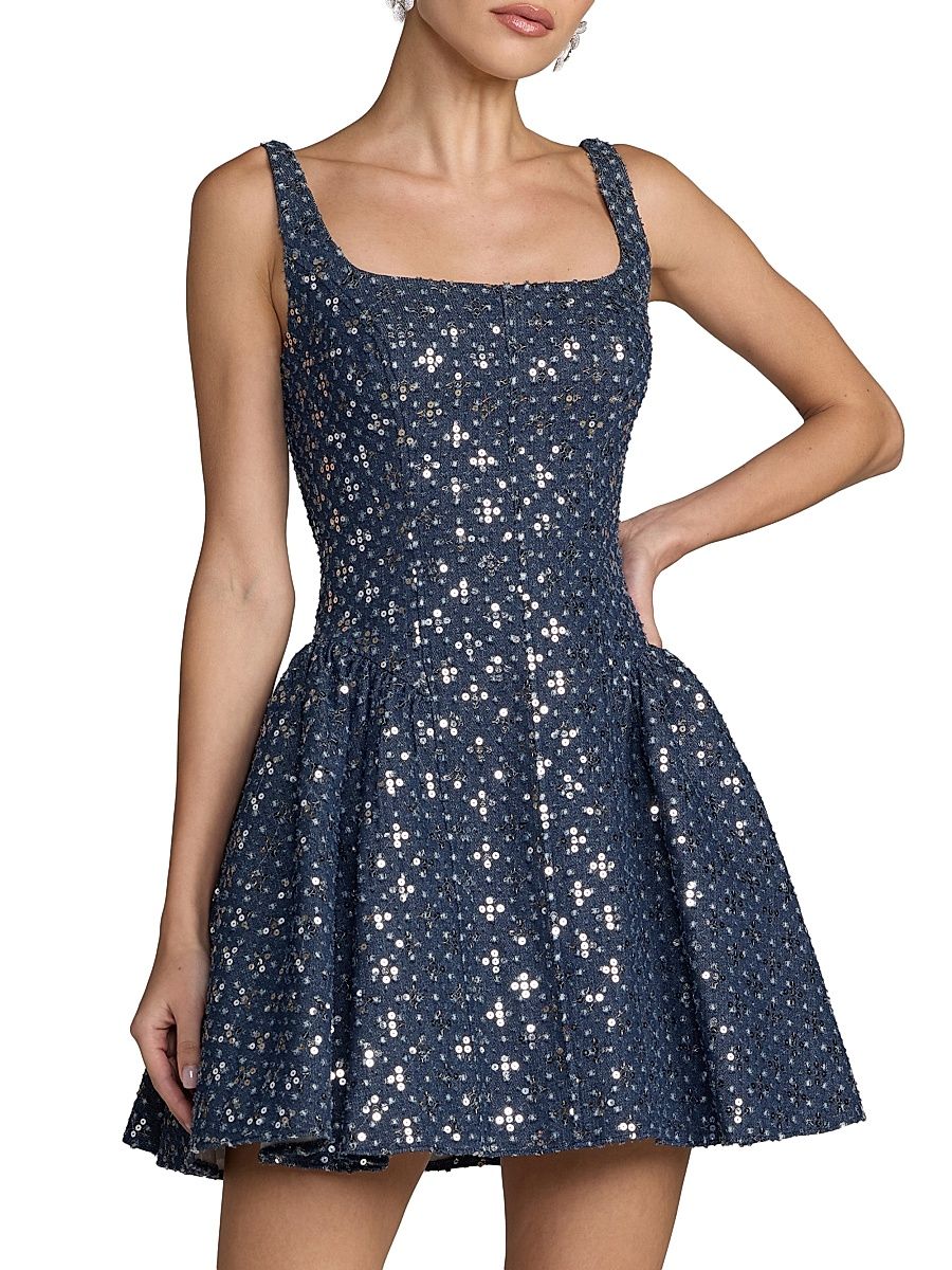 Women's Sequin Denim Fit & Flare Mini Dress - Blue - Size 12
