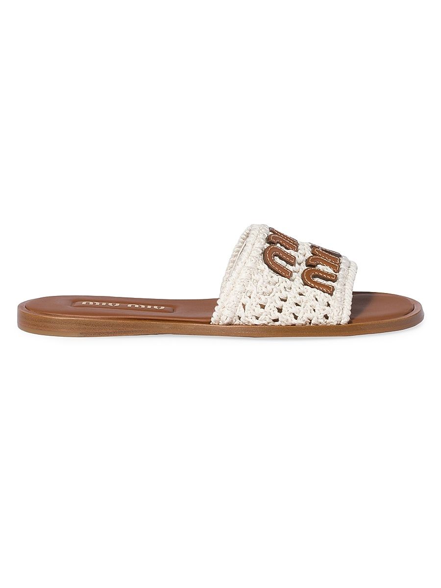 Women's Crochet and Leather Flat Slides - Beige Khaki - Size 10