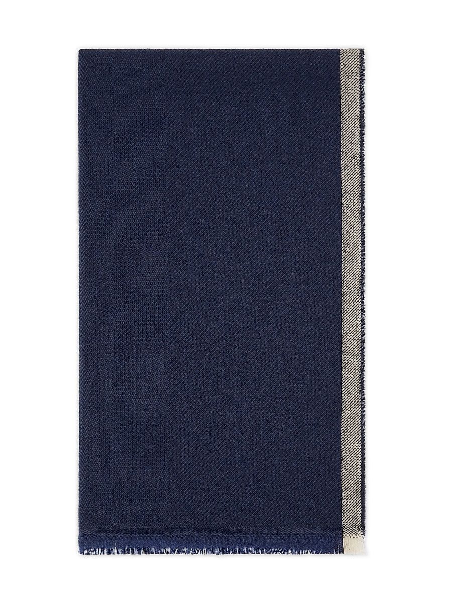 Men's Wool and Cashmere Diagonal Scarf with Striped Edge - Blue