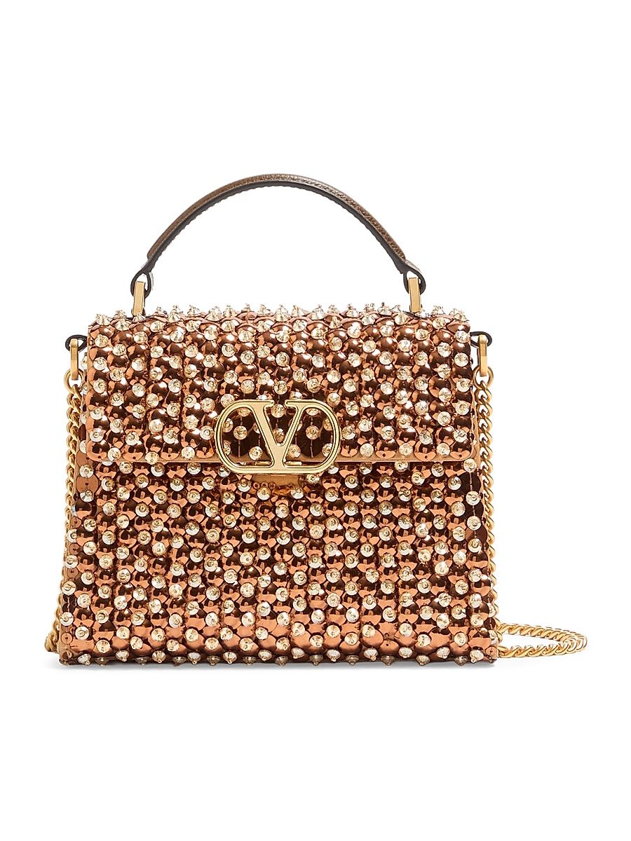 Women's V-Sling Embroidered Mini Top Handle Handbag - Gold