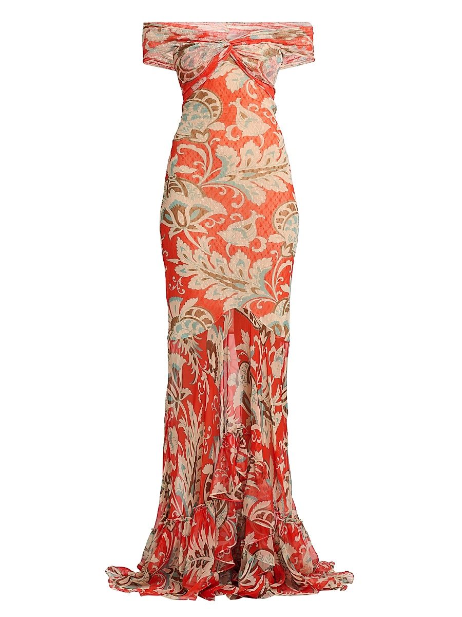 Women's Lotus Print Off-the-Shoulder Mermaid Gown - Stamp Afdo Rosso - Size 10