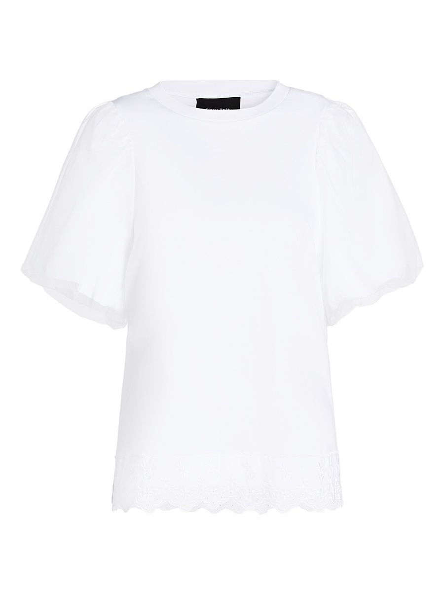 Women's Tulle Overlay Puff-Sleeve Lace-Trim T-Shirt - White - Size Medium