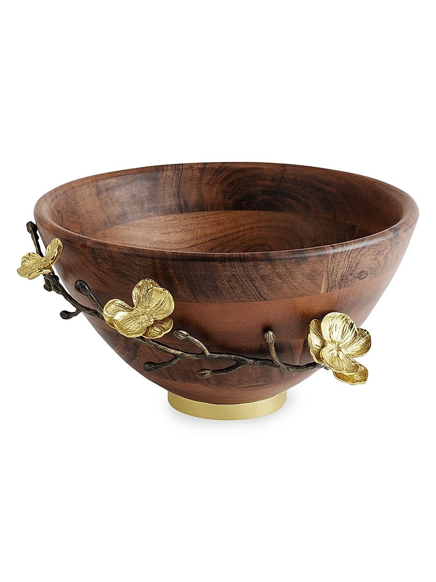 Gold Orchid Wooden Bowl - Brown