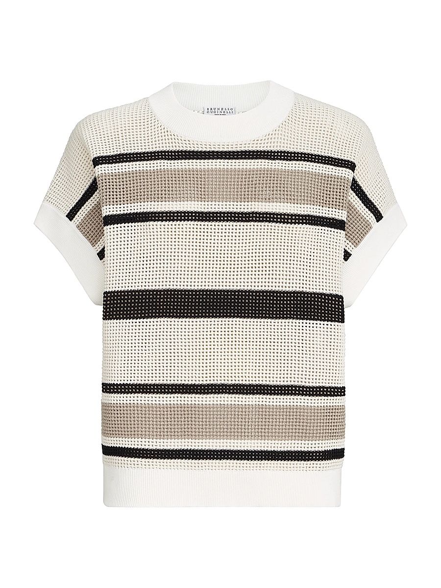 Women's Striped Cotton Net Knit T-Shirt - White - Size XXS