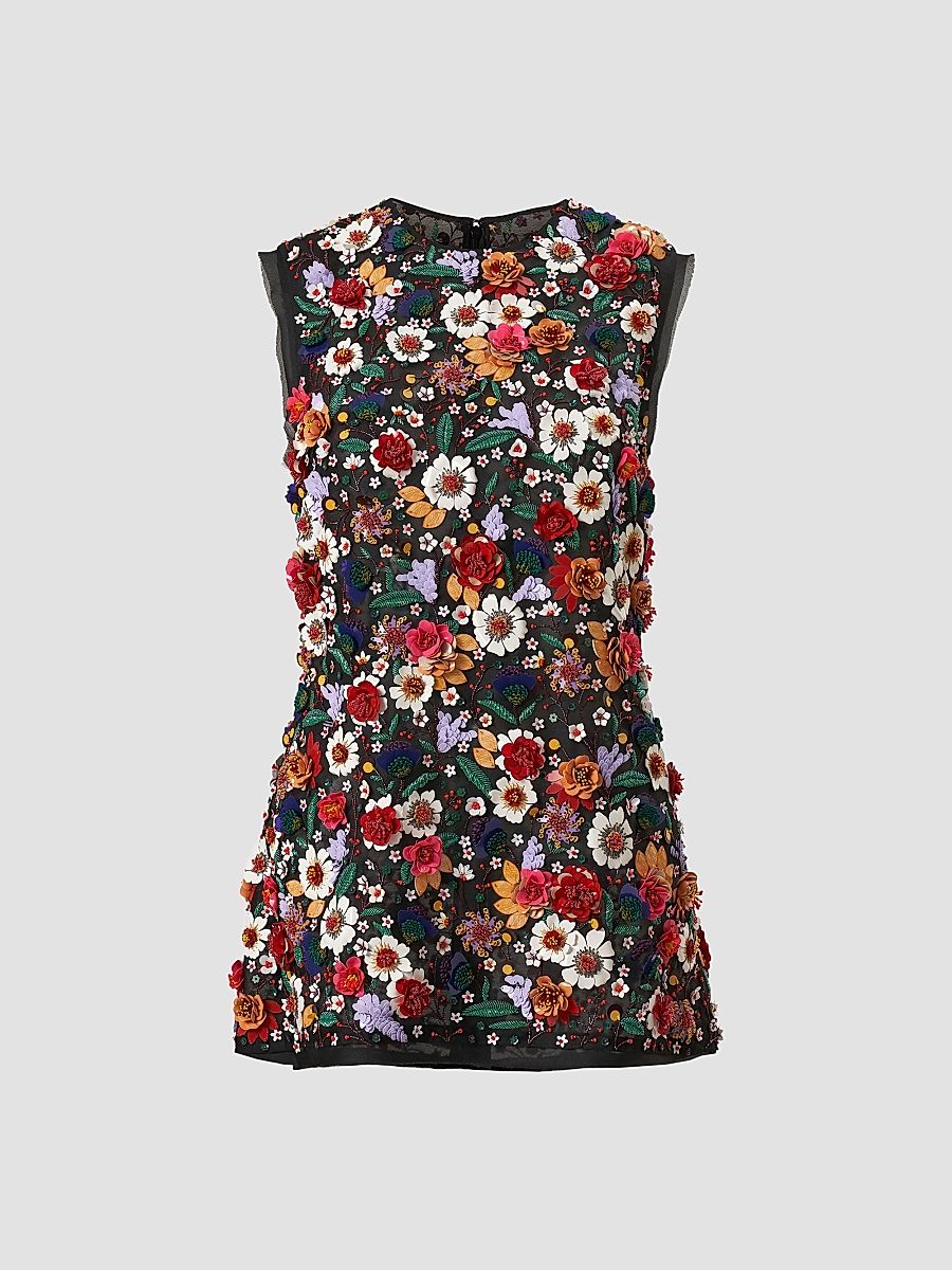 Carolina Herrera Women's 3D Floral Silk Sleeveless Top - Black Multi - Size 8