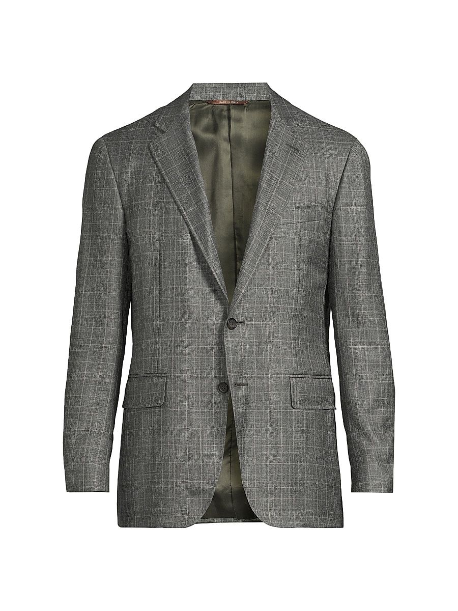 Men's Plaid Wool-Silk-Linen Sport Coat - Green - Size 44