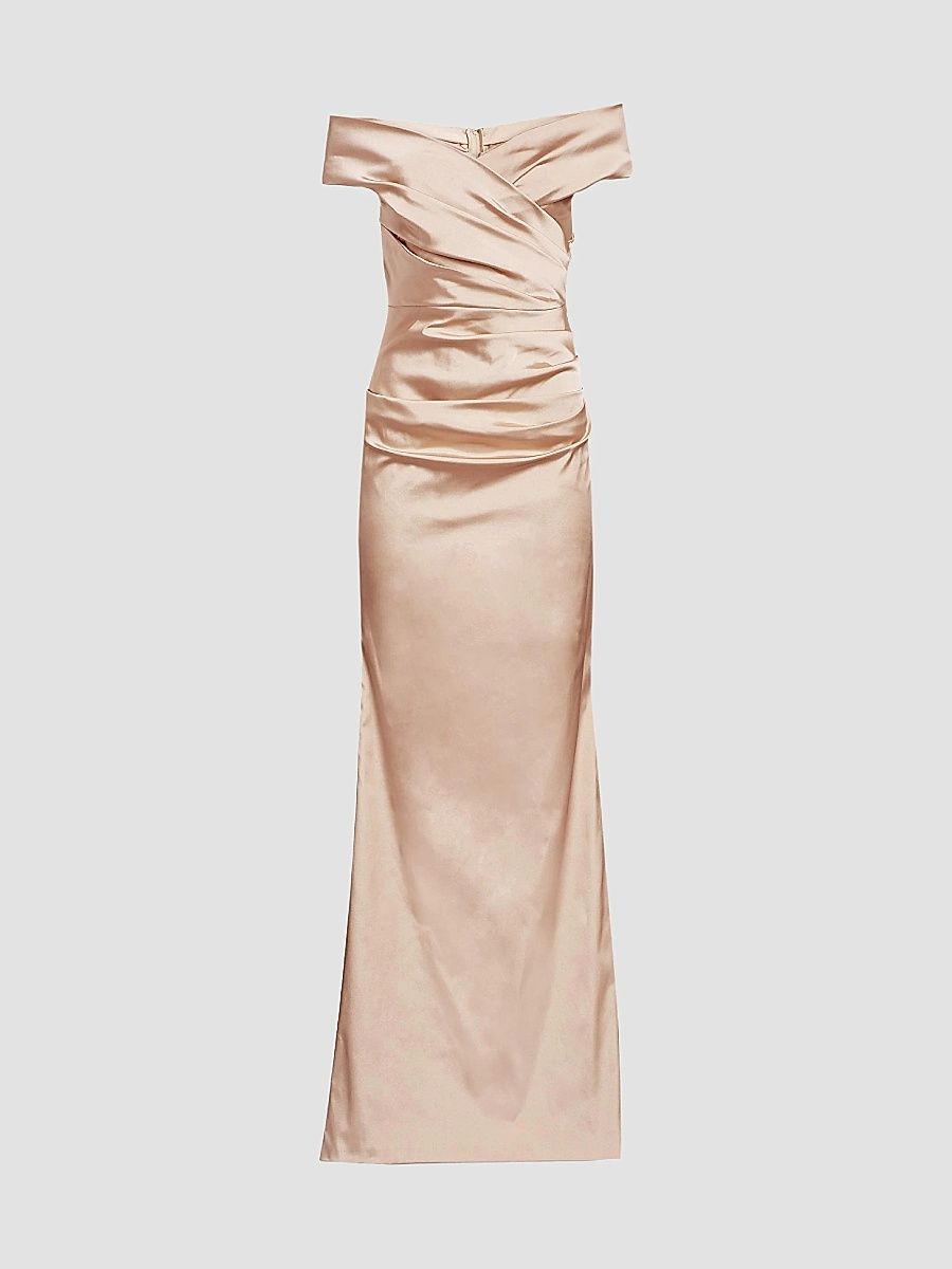 Teri Jon by Rickie Freeman Women's Off-The-Shoulder Ruched Satin Gown - Champagne - Size 18