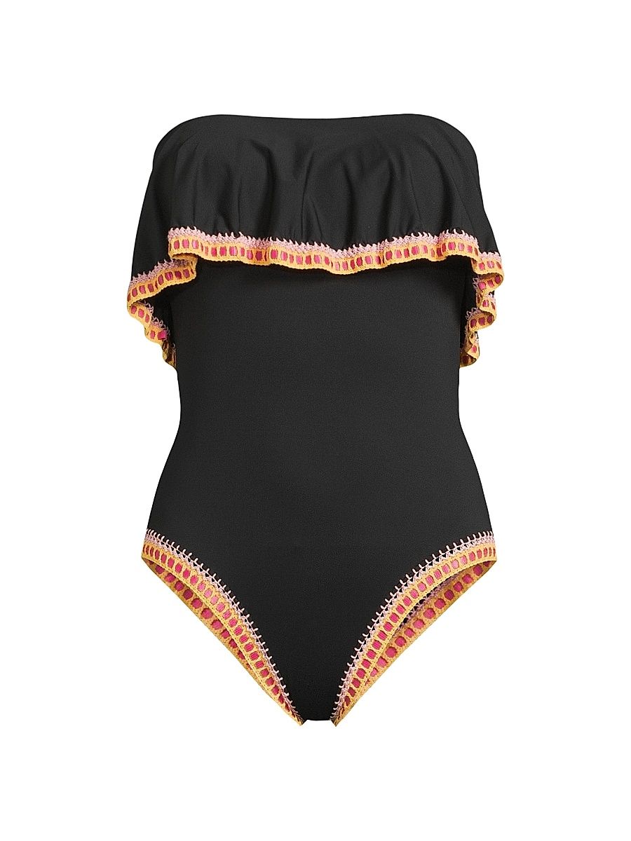 Women's Strapless Ruffle Crochet-Trim One-Piece Swimsuit - Black Multi - Size Large