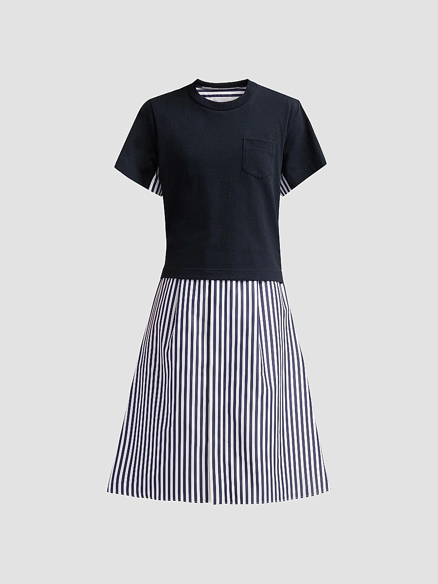 Women's Cotton Poplin T-Shirt Midi Dress - Navy Stripe - Size XL