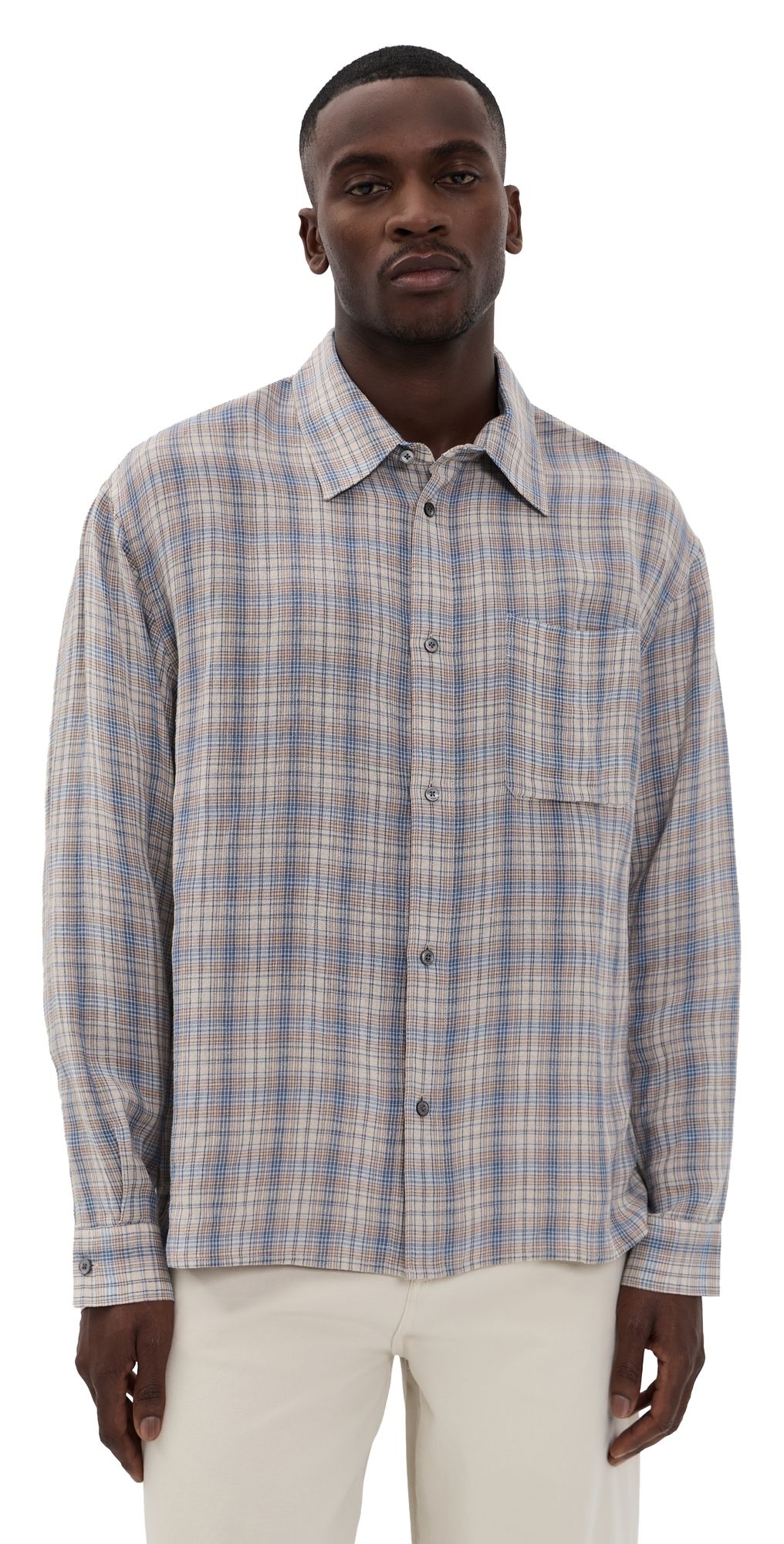 FRAME Linen Blend Plaid Shirt Cream/Blue Plaid S