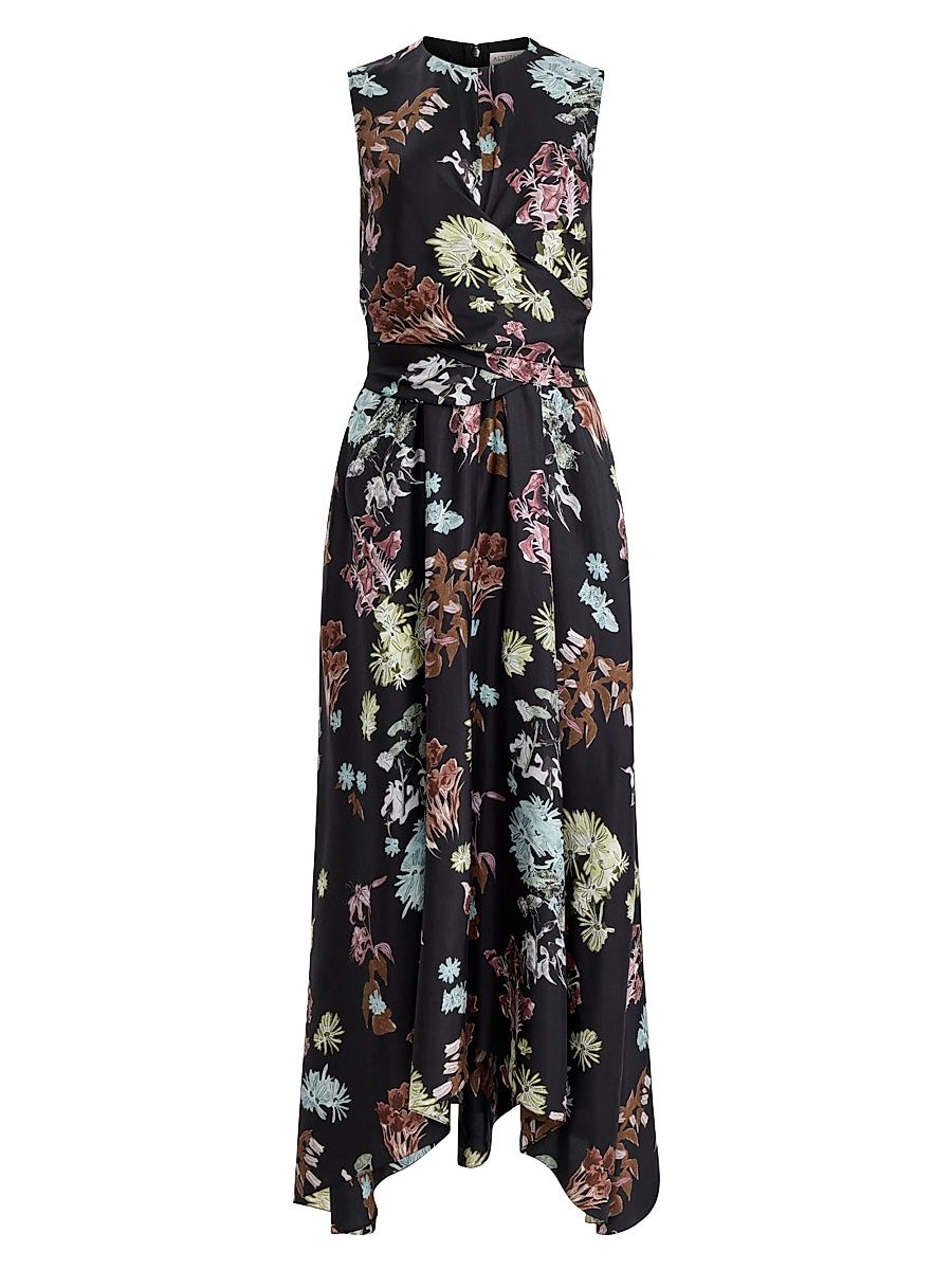 Women's Penny Floral Silk Belted Maxi Dress - Black Flowers - Size 14
