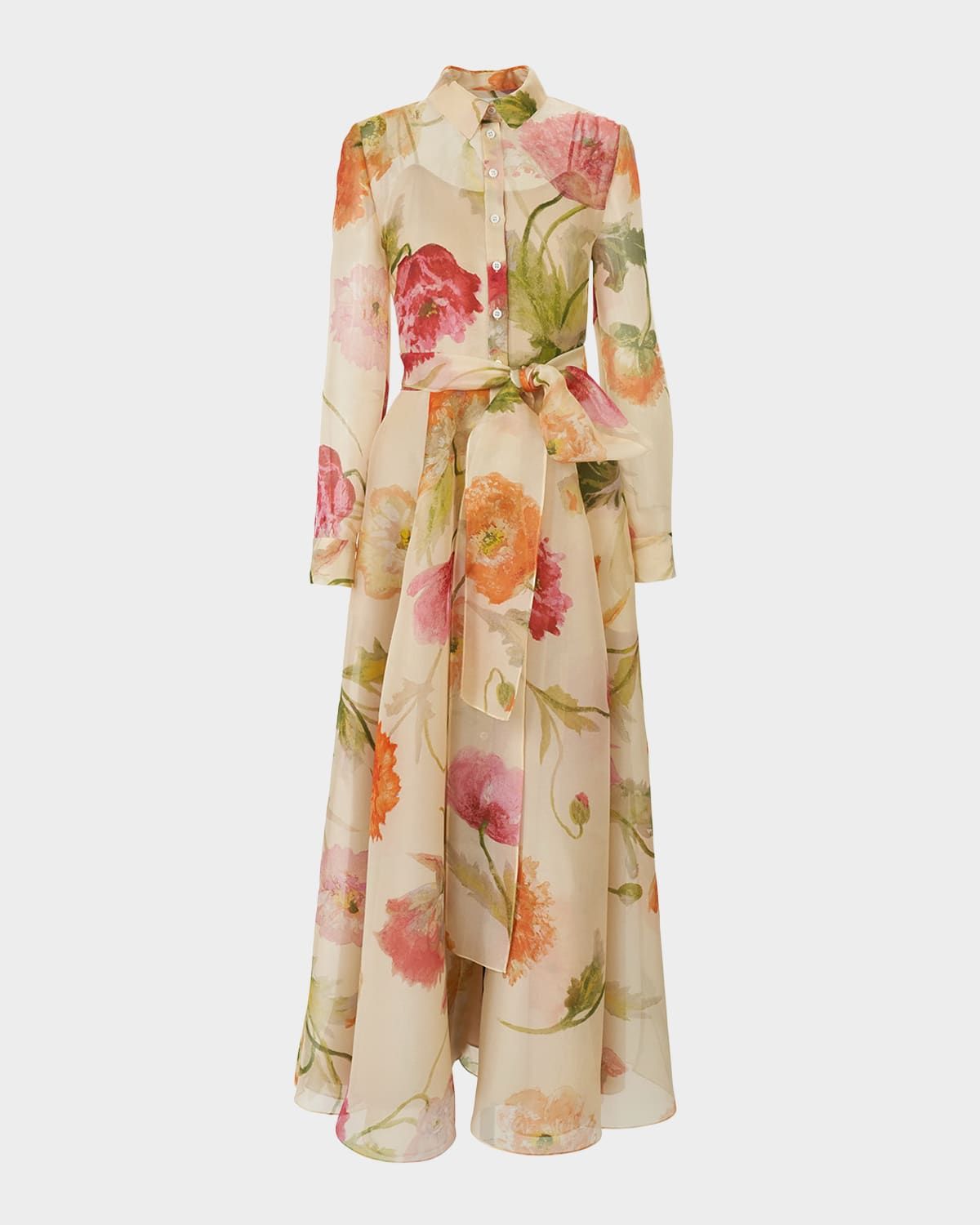 Floral Silk Organza Belted Long-Sleeve Maxi Trench Dress