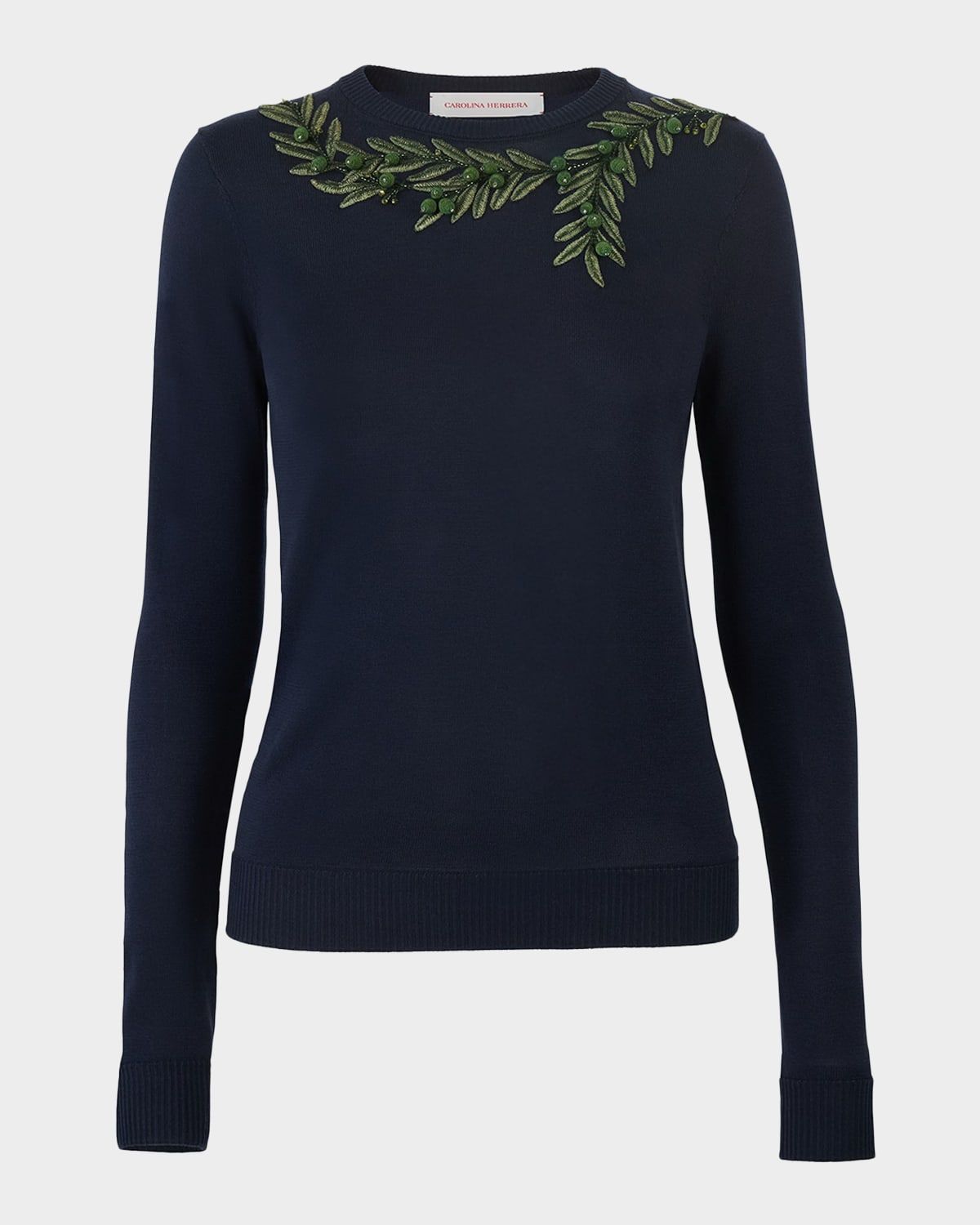 Olive Branch Embroidered Silk-Cotton Crewneck Sweater