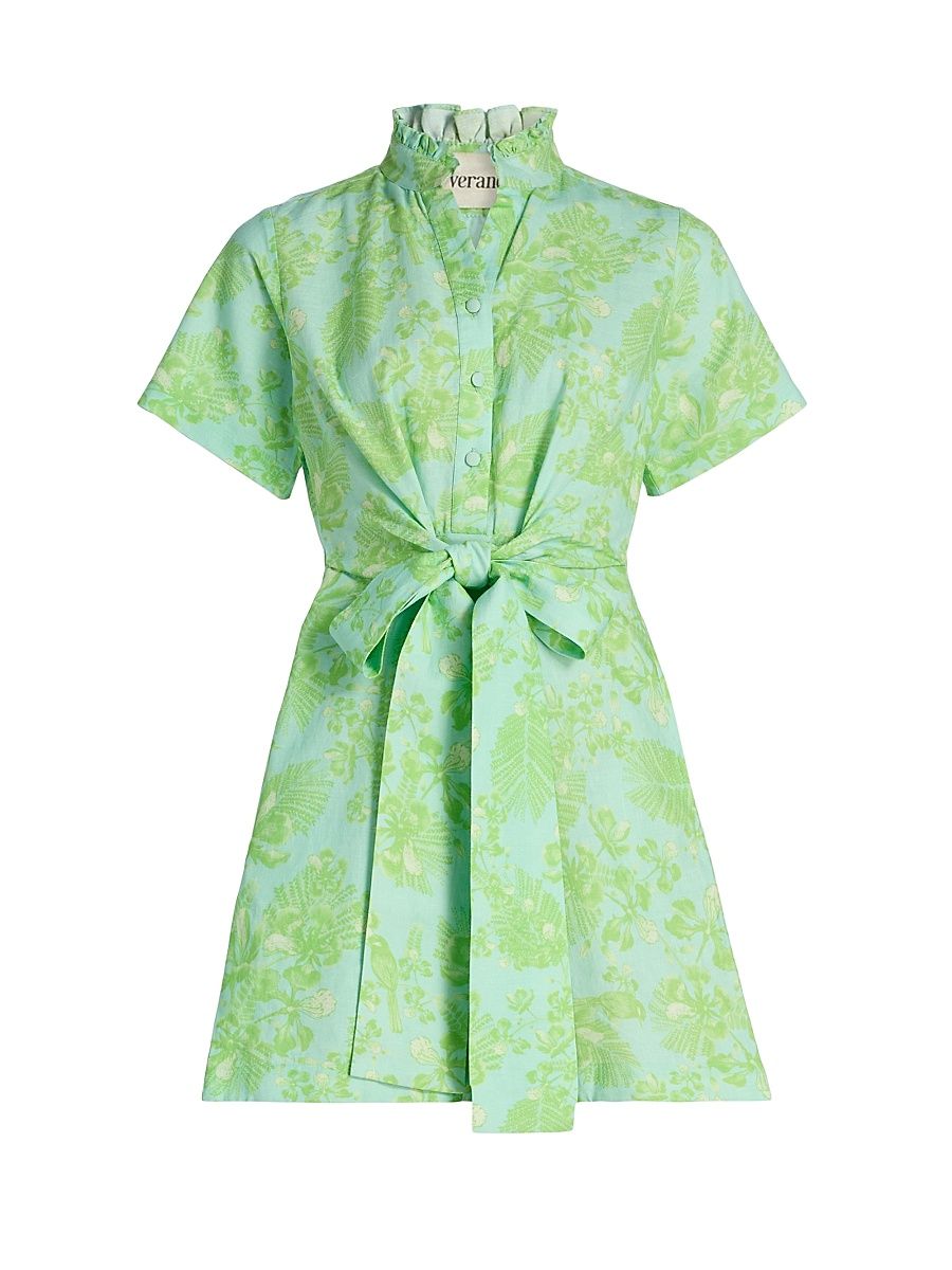Women's Ammama Bawa Floral Cotton-Linen Minidress - Aqua And Sage Green Gulmohar - Size XL