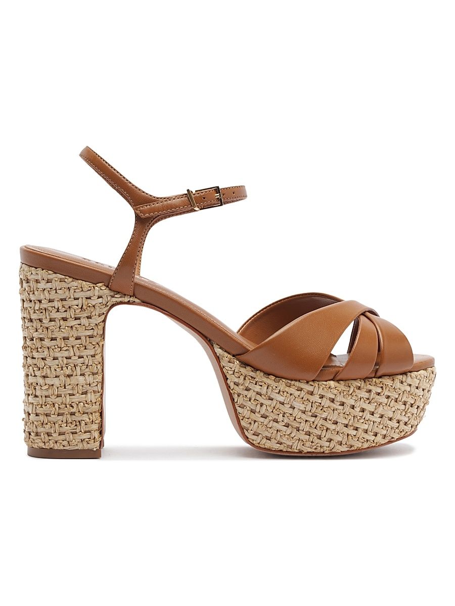 Women's Keefa 100MM Leather & Raffia Platform Sandals - Burnt Honey - Size 8