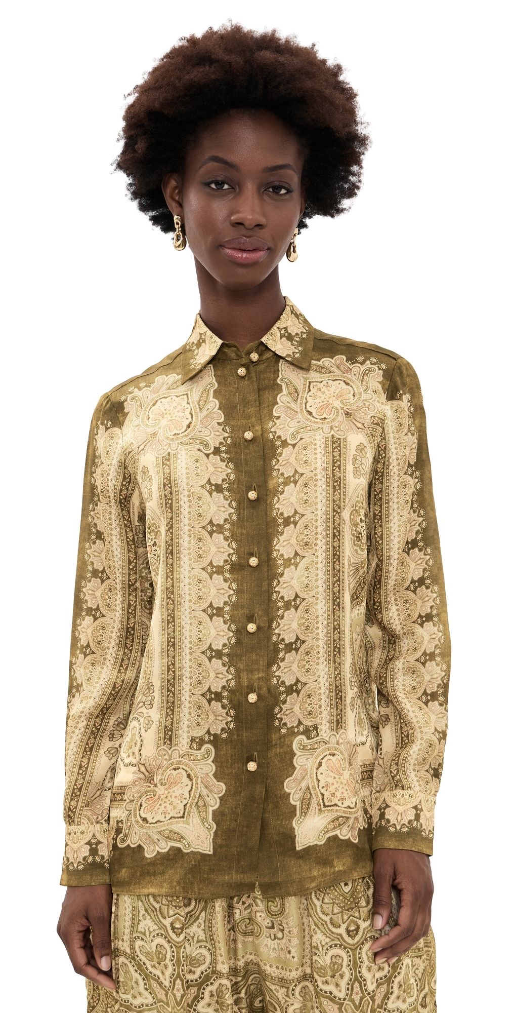 Zimmermann Luna Silk Satin Shirt Olive Perla Paisley 0P
