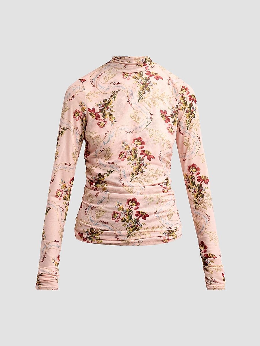 Women's Loveletter Floral Shirred Mesh Turtleneck - Soft Rose Multi - Size Large