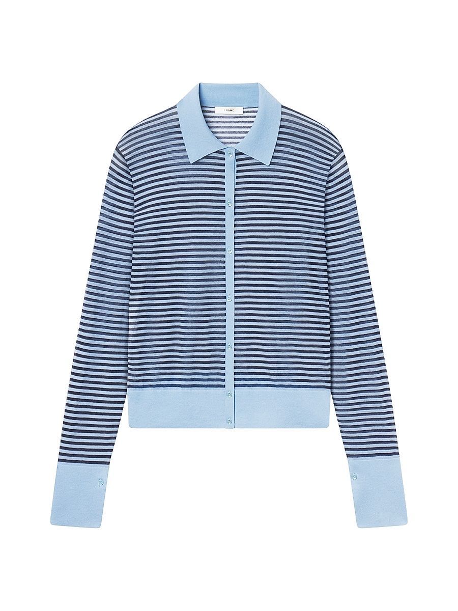 Women's The Collared Striped Cotton-Blend Cardigan - Powder Blue Multi - Size Large