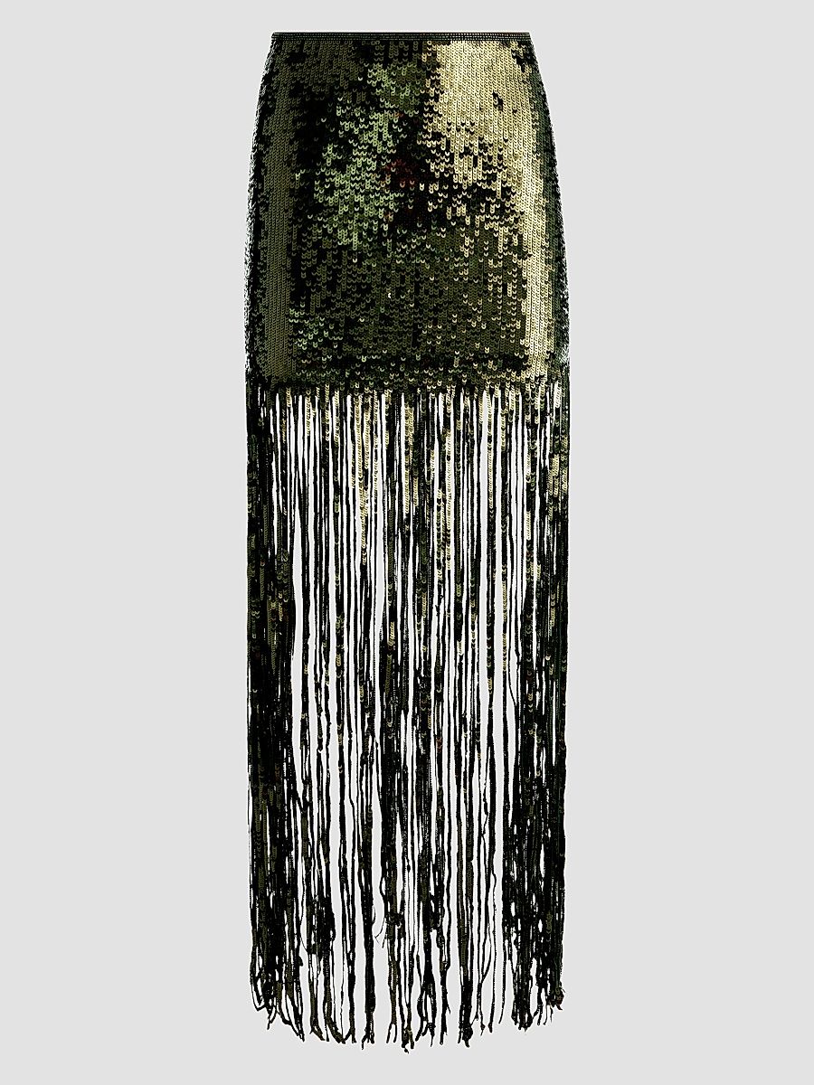 Women's Kendra Sequin Fringe Maxi Skirt - Dark Fern - Size 14