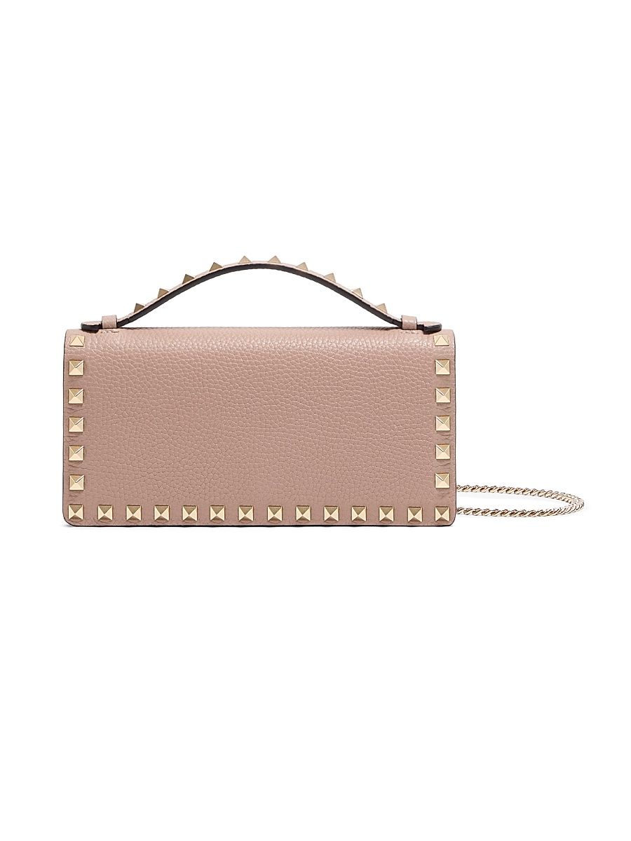Women's Rockstud Wallet with Chain in Grainy Calfskin - Poudre